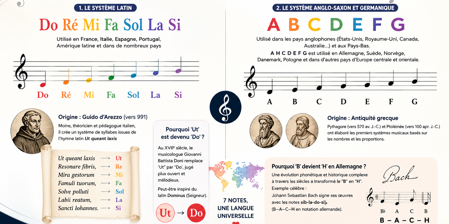 Illustration expliquant l'origine des notes de musique Do, Ré, Mi et du système A, B, C à travers l'histoire de la notation musicale.