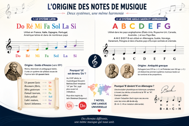 Illustration expliquant l'origine des notes de musique Do, Ré, Mi et du système A, B, C à travers l'histoire de la notation musicale.
