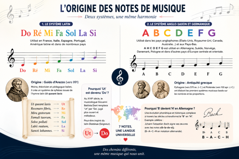 Illustration expliquant l'origine des notes de musique Do, Ré, Mi et du système A, B, C à travers l'histoire de la notation musicale.