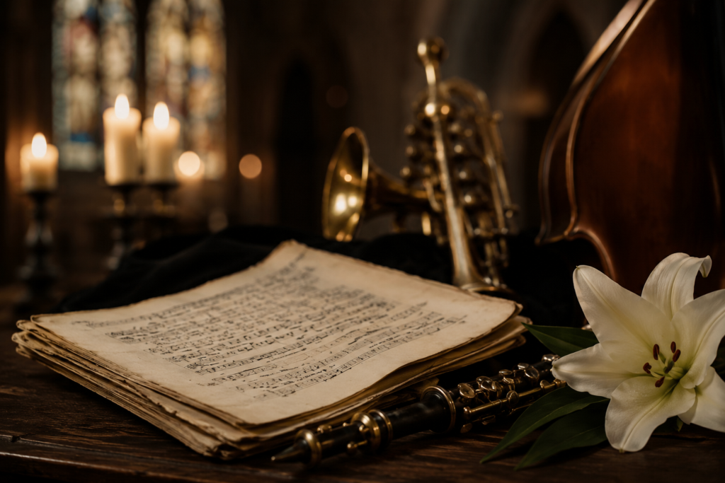 Le Requiem de Mozart – Atmosphère de musique sacrée et de recueillement Partition ancienne entourée d’instruments d’orchestre, de bougies et d’un lys blanc dans une atmosphère solennelle évoquant le Requiem de Mozart.
