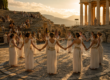 Danse rituelle en cercle dans un théâtre de la Grèce antique