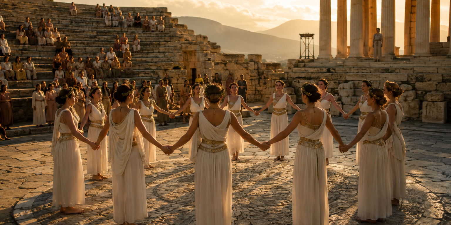 Danse rituelle en cercle dans un théâtre de la Grèce antique