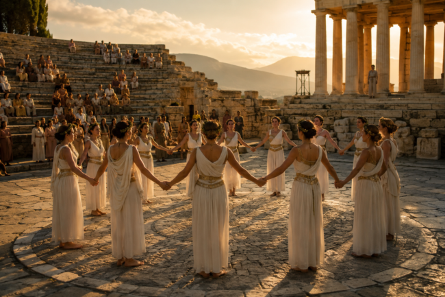 Danse rituelle en cercle dans un théâtre de la Grèce antique