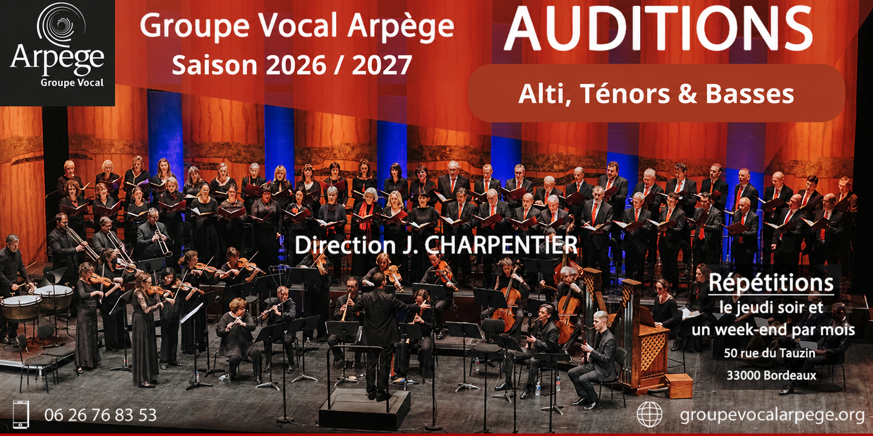 Affiche de recrutement du Groupe Vocal Arpège pour les auditions 2026 2027 ouvertes aux alti, ténors et basses