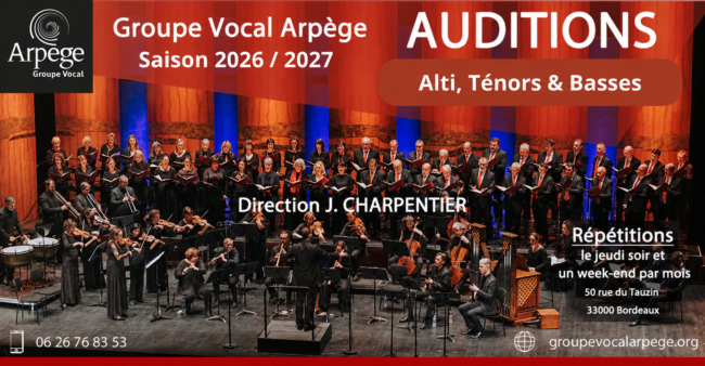 Affiche de recrutement du Groupe Vocal Arpège pour les auditions 2026 2027 ouvertes aux alti, ténors et basses