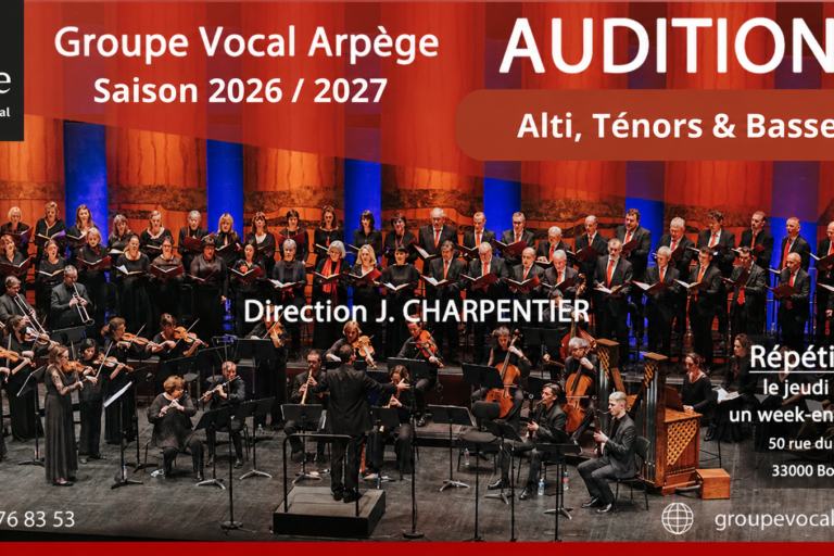 Affiche de recrutement du Groupe Vocal Arpège pour les auditions 2026 2027 ouvertes aux alti, ténors et basses