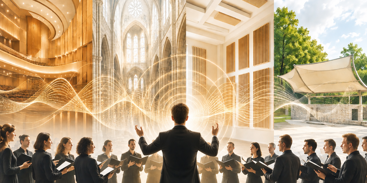 L’importance de l’acoustique dans le chant choral hœur chantant dans différents environnements illustrant l'influence de l'acoustique