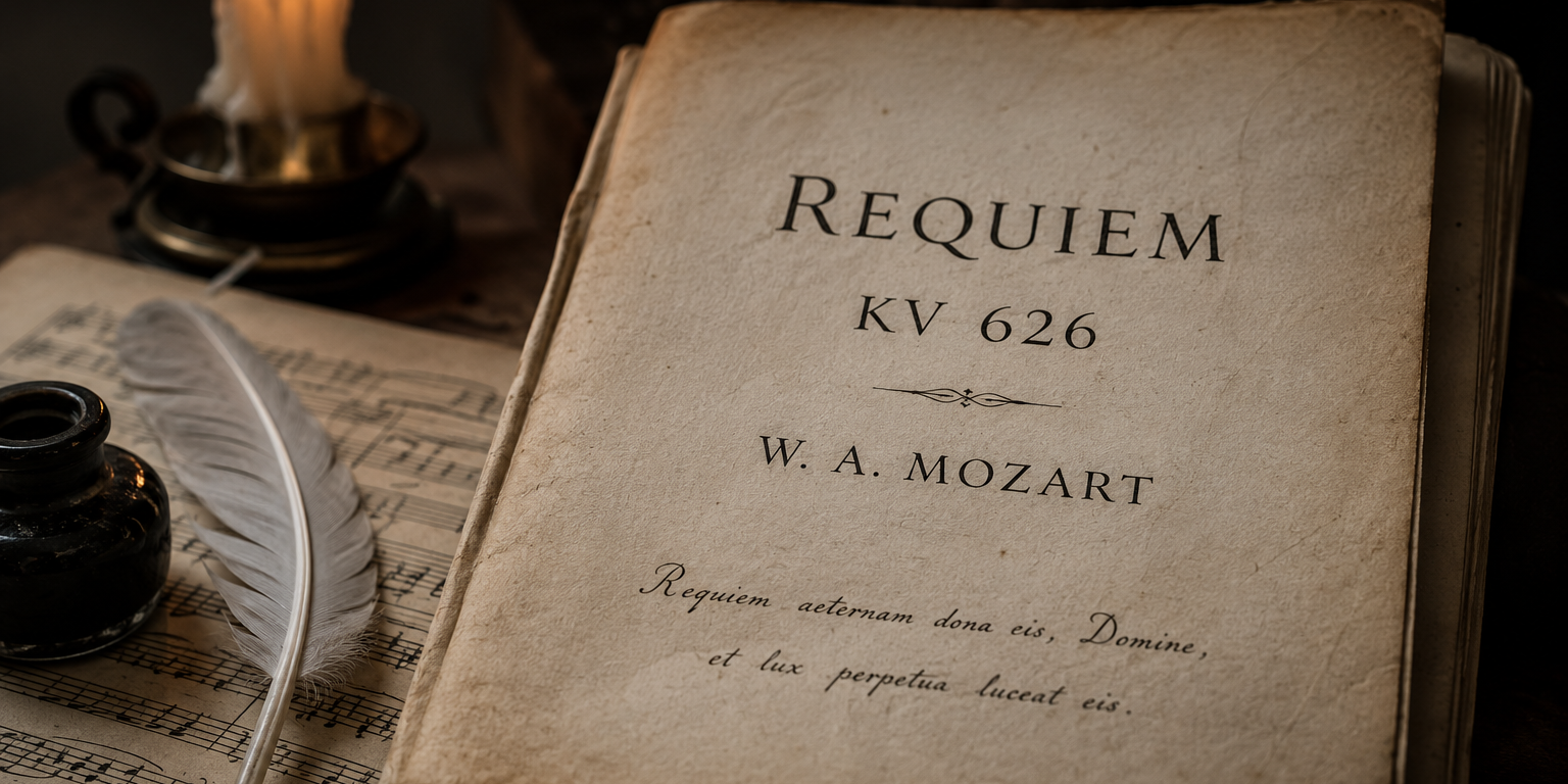 Partition ancienne du requiem de Mozart avec une plume et une bougie sur un bureau ancien