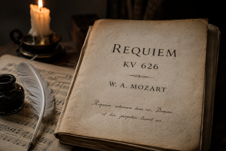 Partition ancienne du requiem de Mozart avec une plume et une bougie sur un bureau ancien
