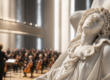 Sculpture funéraire devant un orchestre interprétant un requiem