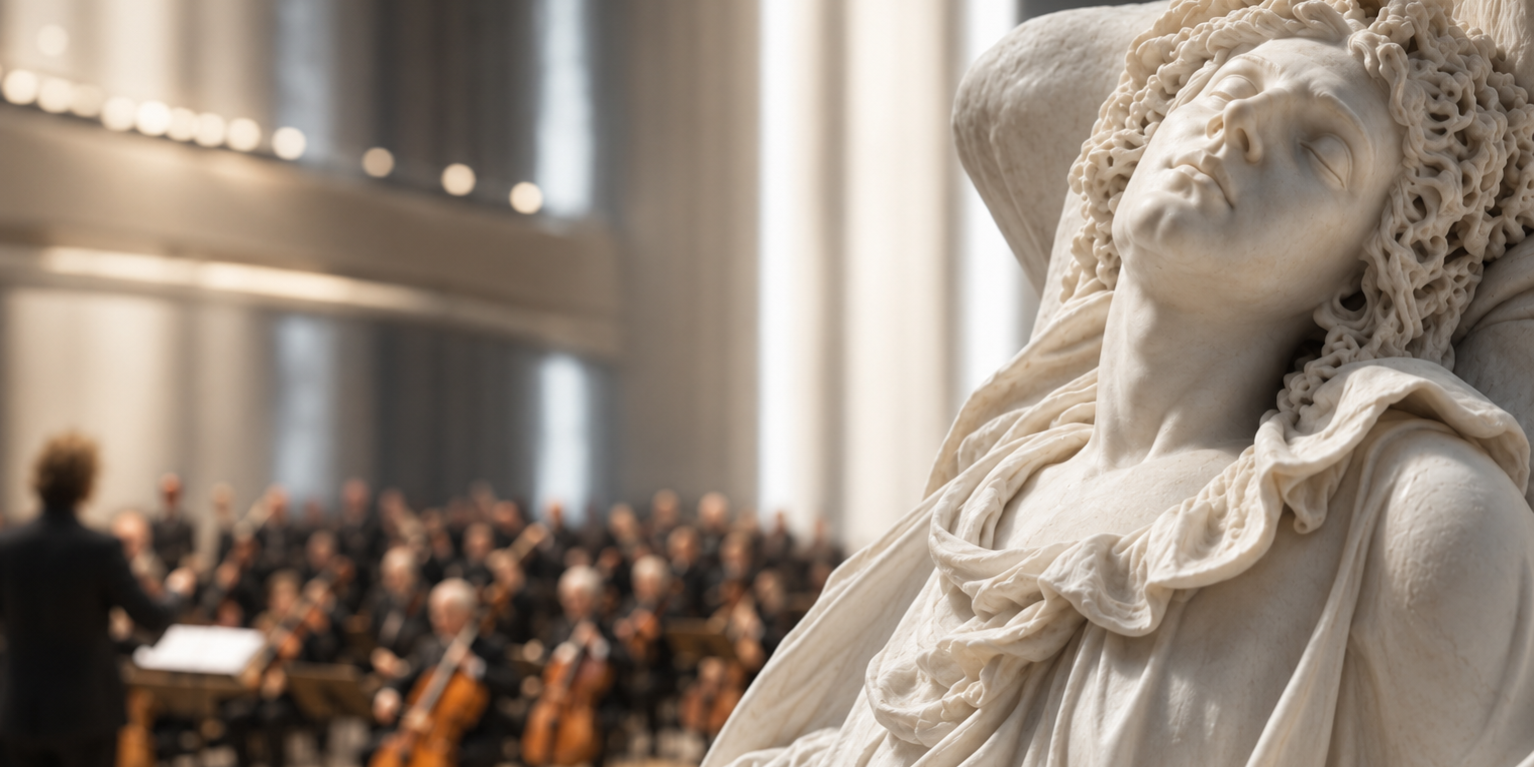 L’histoire du requiem, de l’église à la salle de concert Sculpture funéraire devant un orchestre interprétant un requiem