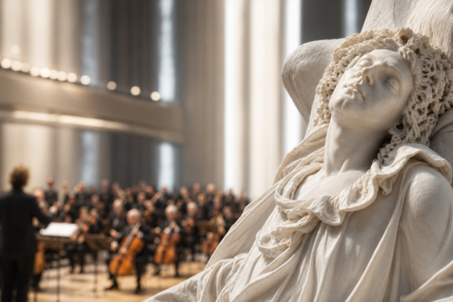 Sculpture funéraire devant un orchestre interprétant un requiem
