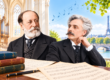 Illustration de Camille Saint-Saëns et Gabriel Fauré devant des partitions à Paris