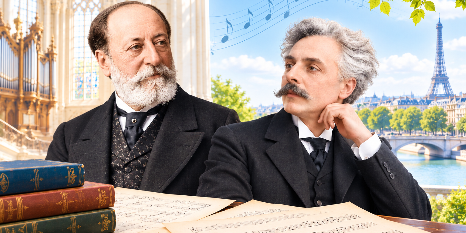 Illustration de Camille Saint-Saëns et Gabriel Fauré devant des partitions à Paris