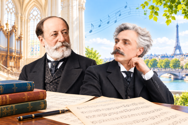 Illustration de Camille Saint-Saëns et Gabriel Fauré devant des partitions à Paris