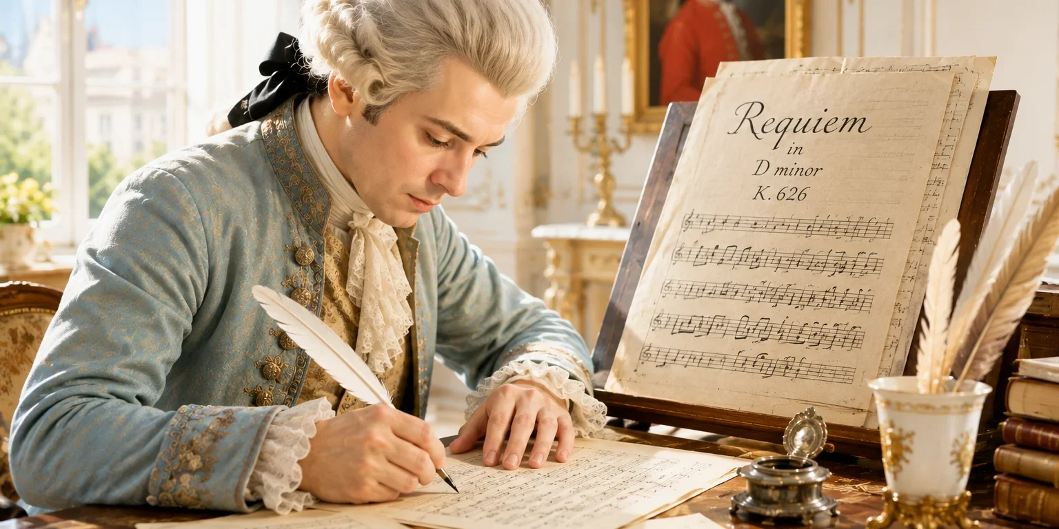 Illustration de Mozart écrivant la partition du Requiem en ré mineur K. 626