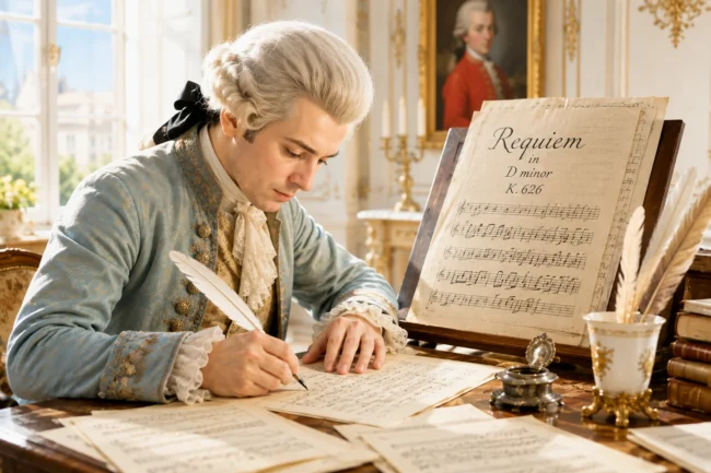 Illustration de Mozart écrivant la partition du Requiem en ré mineur K. 626