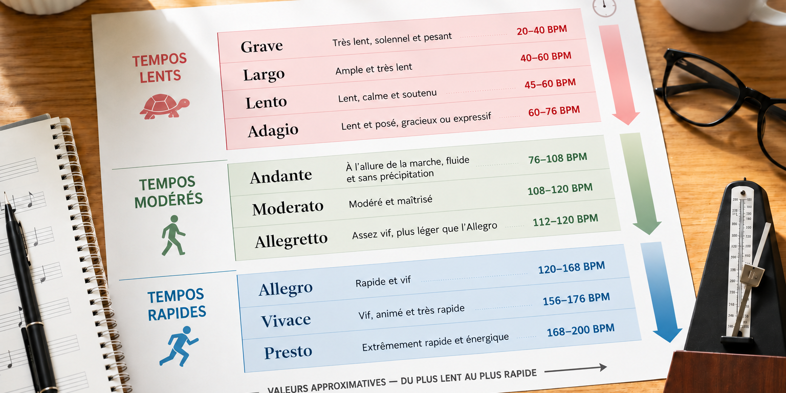 Infographie présentant les principaux tempos, du Grave au Presto, avec leurs battements par minute