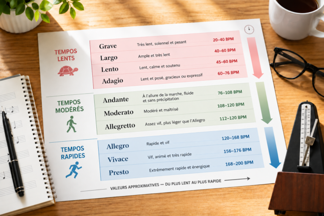 Infographie présentant les principaux tempos, du Grave au Presto, avec leurs battements par minute