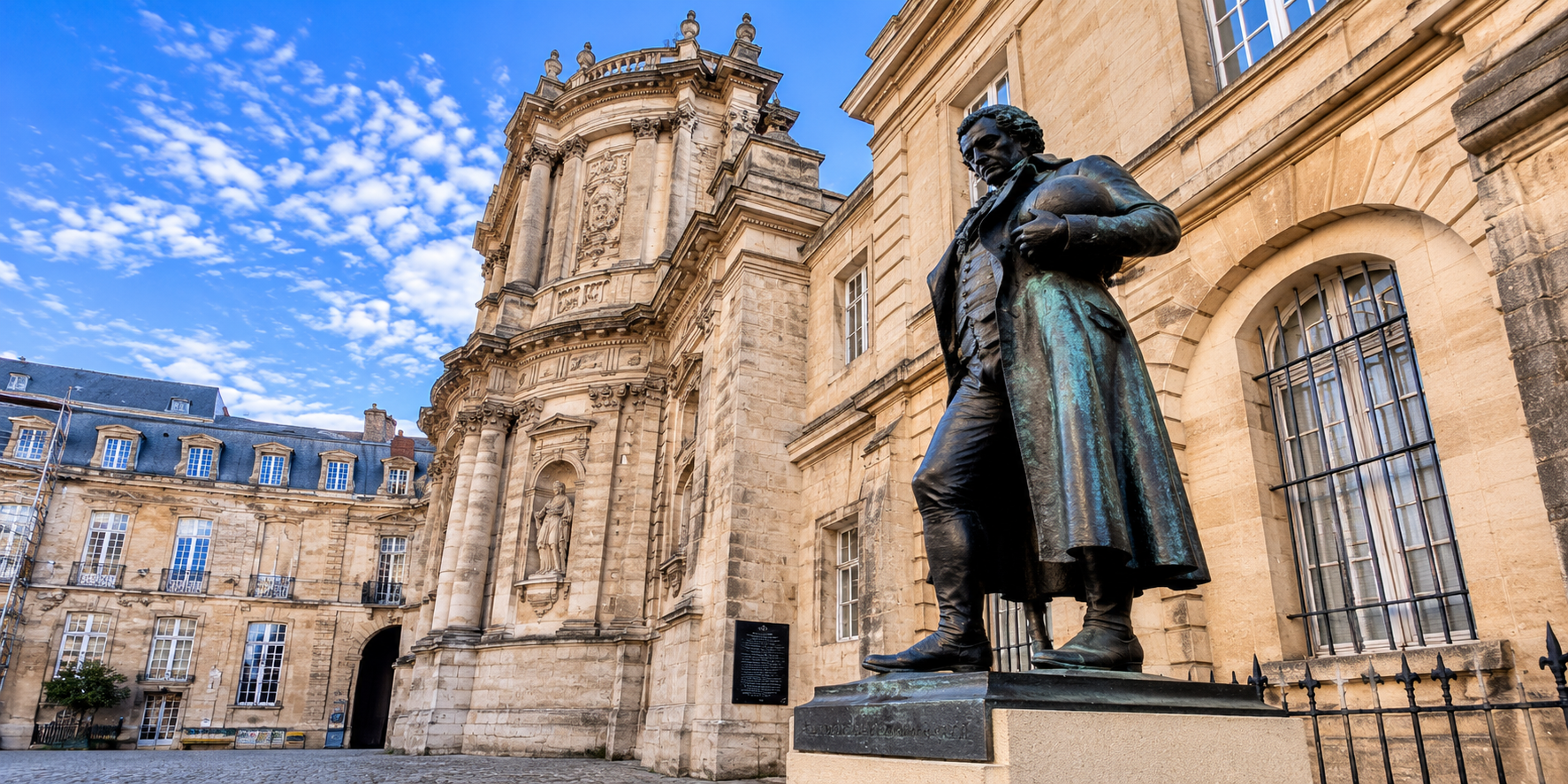 Eglise Notre-Dame de Bordeaux et statue de Goya Façade baroque de l’église Notre-Dame de Bordeaux et statue de Goya, place du Chapelet